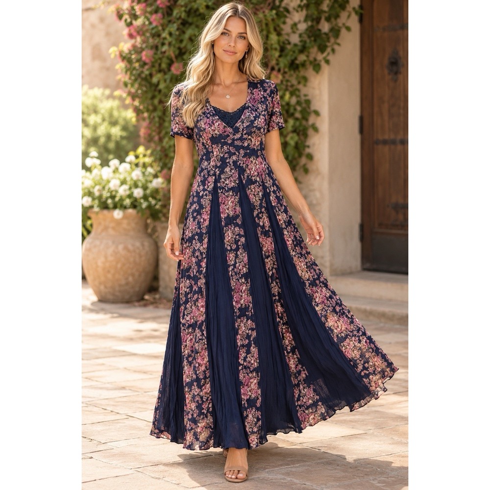 Vtg Nostalgia Floral Lace Gored Maxi Dress S Navy w Slip Whimsigoth Dark Cottage